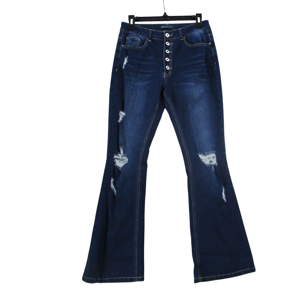 Aidiross Womens Distressed Flare Jeans Dark Wash Button Fly High Rise Size 9/10